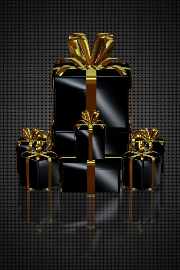 Luxurious black gift boxes adorned with gold ribbons, perfect for upscale celebrations.